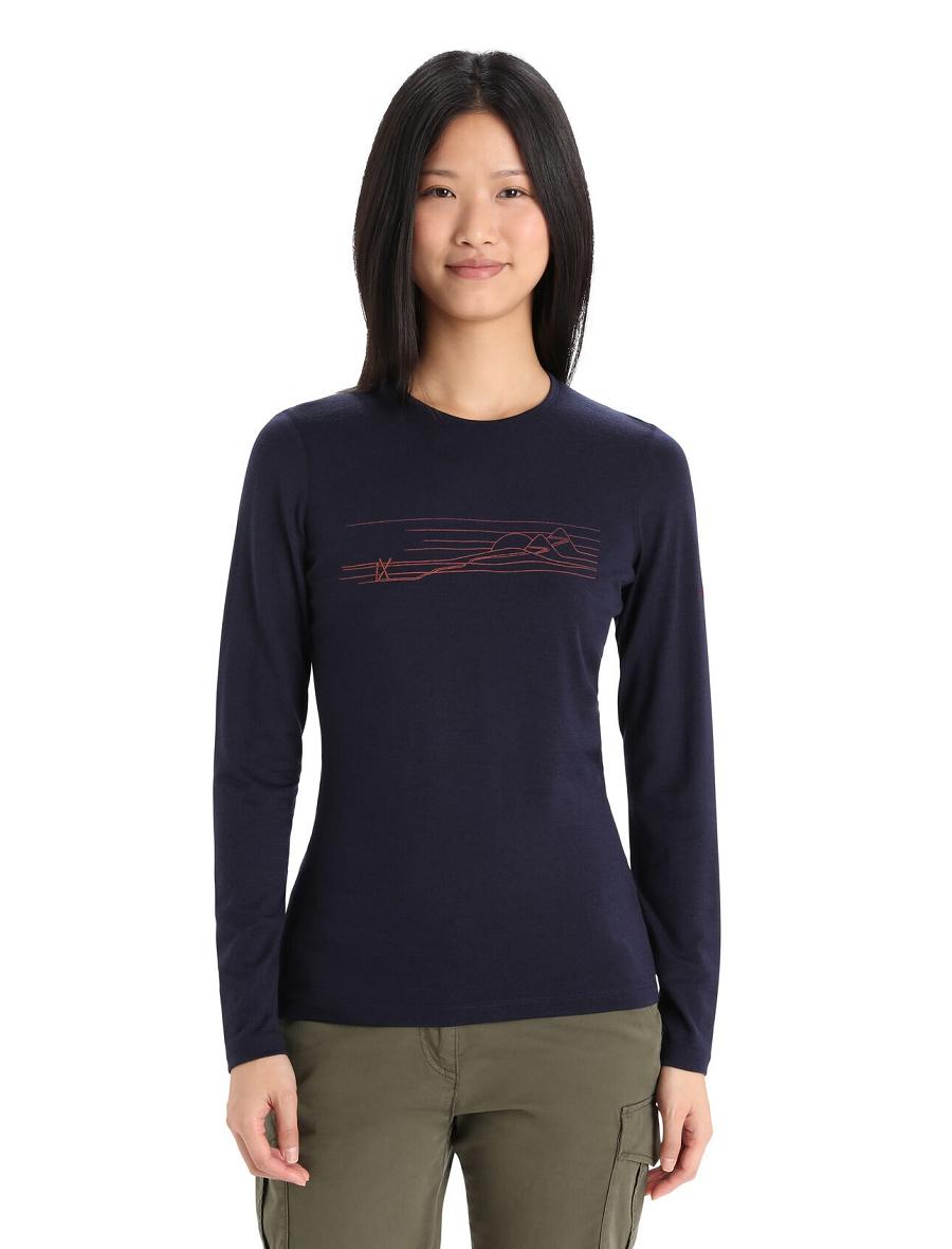 Icebreaker Merino 200 Oasis Long Sleeve Crewe Ski Stripes Naisten Base Layers Laivastonsininen | FI 1829YXFU